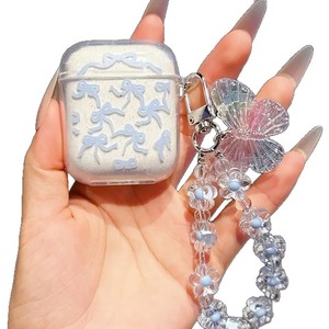 Funda para Apple AirPods, diseño exclusivo translúcido azul brillante con lazo y cordón, funda para auriculares a prueba de golpes - Product Image 5