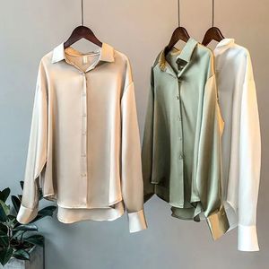 Camicia <span class=keywords><strong>bianca</strong></span> da donna con bottone in <span class=keywords><strong>raso</strong></span> di seta top da donna a manica lunga <span class=keywords><strong>blusa</strong></span> con scollo a V in <span class=keywords><strong>raso</strong></span> Vintage con colletto rovesciato - Product Image 3