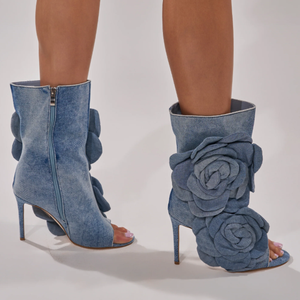 <span class=keywords><strong>Botas</strong></span> de Tacón Alto con Punta Abierta y Detalles de Rosa en Mezclilla para Mujer, Zapatos de Tacón con Estilo Audaz para Damas - Product Image 3