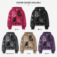 Sweat à capuche rose délavé à l'acide avec fermeture éclair, style streetwear, broderie de patchs usés, impression DTG, strass, 500 g/m², personnalisé, par le fabricant