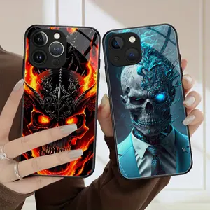 3D Design Evil Skull TPU Slim Shockproof Protective Cover With Tempered Glass for iPhone 15 Pro Max 14 13 12 11 Plus Cover