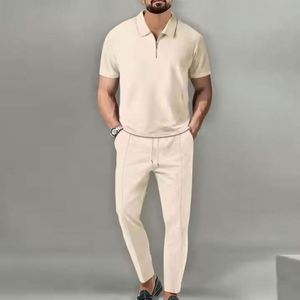 I-0497 Wholesale Eco-Friendly <b>Knitted</b> Street Wear Men's Formal Two-Piece Summer <b>Set</b> Solid Color Collar Short-Sleeved Turtleneck - Product Image 2