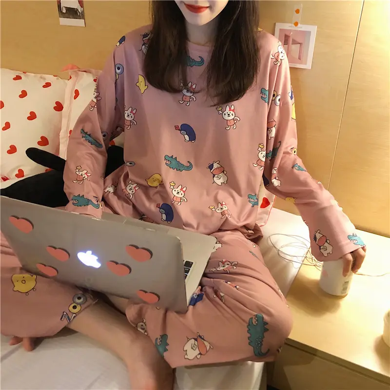 2023 moda kadın iki parçalı pijama tatlı kız kore baskılı pijama gündelik giyim kadın pijama