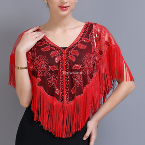 2026 new women's <b>sequined</b> shawl, tassel bead pearl tassel transparent mesh fabric outer breathable <b>top</b> - Product Image 3
