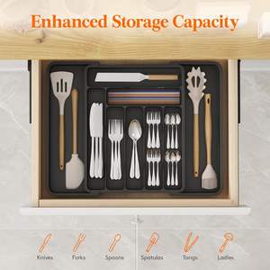 Organisateur d'argenterie, plateau à couverts de cuisine en PP, écologique, réutilisable, extensible, à un seul niveau, 6 compartiments, tiroir de rangement - Product Image 5