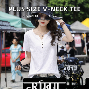 Camisetas Casuales de Algodón para Mujer, Talla Grande, Cuello en V, Manga Corta, con Decoración de Botones, Impresión Digital - Product Image 3