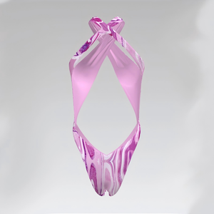 Elevate Your Wholesale Swimwear Line with Customizable Marbled Print Cut-Out Halter <b>Cross</b> Back One-Piece Swimsuits - Product Image 2