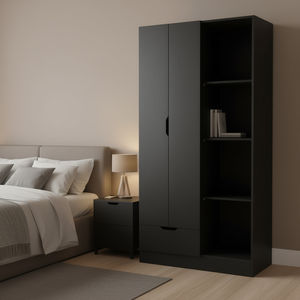 Armadio Dover Nero per Camera da Letto con 1 Cassetto, 4 Ripiani e Ante a Battente per Organizzazione Domestica - Product Image 2