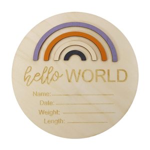 Panneau rond <span class=keywords><strong>en</strong></span> bois <span class=keywords><strong>arc</strong></span>-<span class=keywords><strong>en</strong></span>-<span class=keywords><strong>ciel</strong></span> de 5,9 pouces « Hello World » pour l'annonce de la naissance, carte d'annonce du nom du nouveau-né, accessoire photo pour bébé à l'hôpital - Product Image 3