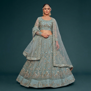 Elegant Zari Embroidered <b>Net</b> Lehenga Choli Sheer Long Sleeve Party Dress With Dupatta for Women - Product Image 1