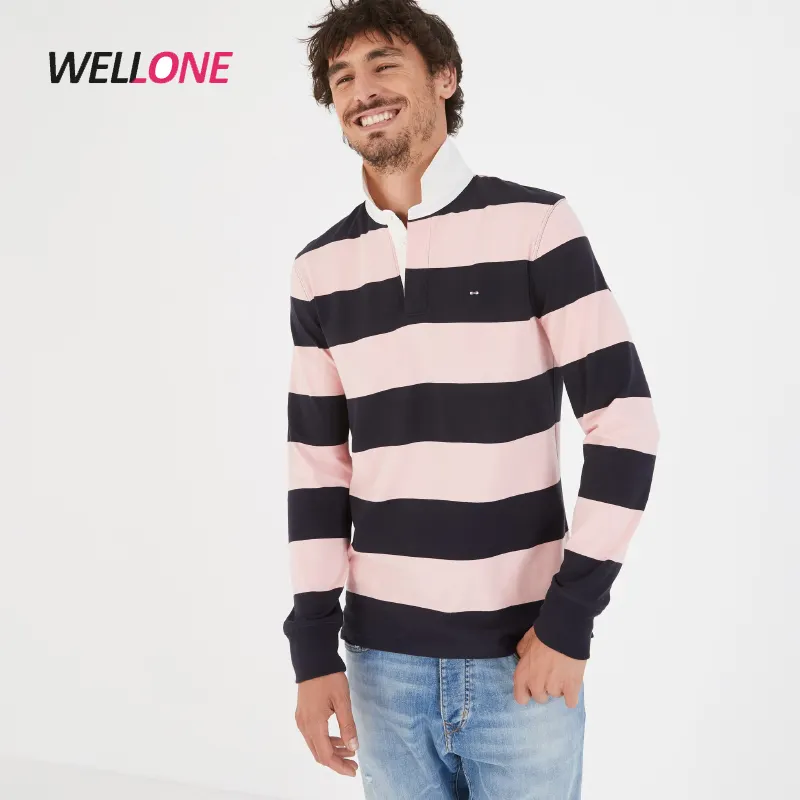 New Arrival 100% Cotton Black Pink Stripped Color Make your Brand Embroidery OEM Service Men Custom Rugby Shirt