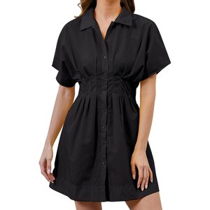 Vestido Camisero Plisado con Botones para Mujer, Manga Corta, Negro, Control de Abdomen, Prenda Moldeadora, Uso Diario, Vestido Casual - Product Image 1