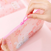 Lapin en fleur de cerisier mignonne pour étudiant, sac transparent avec anneau rose, sacoche ol avec fermeture éclair, trousse à crayon en pvc, papeterie