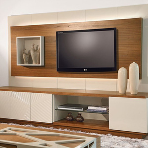 Laca blanca moderna de alto brillo con estantes de madera de cerezo soporte de <span class=keywords><strong>TV</strong></span> - Product Image 1