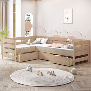 Children L Shape Combo Bed Solid Wood Frame <b>Storage</b> <b>Drawers</b> Bedroom Furniture For Kids - Product Image 3