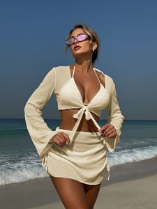 4 Piece Bikinis Set New Design Women's Bandeau Bikini with Long Sleeve Top and Skirt Drawstring Swimwear <b>Beach</b> Seaside Beachwear - Product Image 2