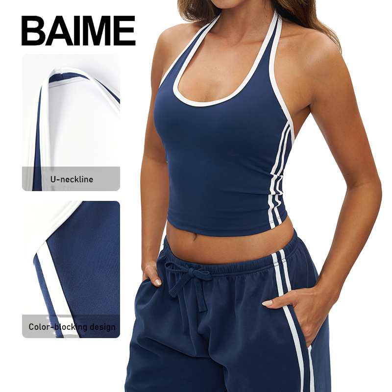 Cross Border Neck Back Yoga Vest with Contrasting Colors and Edging Tight Fitting Yoga Top Outdoor Fitness Sports Bra