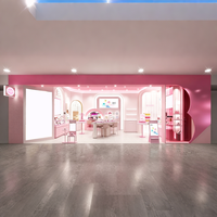 Kiosque pop-up rose pastel pour la beauté, stand de cosmétiques avec éclairage LED complet, présentoirs arqués, comptoirs modulaires, design imperméable