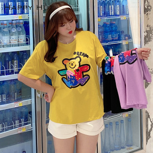 Camiseta de verano para mujer Happy Hut, talla grande, color amarillo mostaza, estampado de oso de dibujos animados, corte holgado, cuello redondo, camiseta transpirable N7603 - Product Image 2