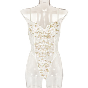 Nuovo Body Sexy Trasparente 2022 per Ragazze, Completo Bianco con Fasciatura, Body in Rete Trasparente con Ricamo Floreale, Lingerie - Product Image 5