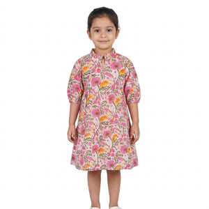 beautiful Summer Dress Small Girls Dress Flare Sleeve Peter Pan Collar Clothes Floral Printed Cotton Dress - Product Image 1