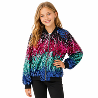 Chaqueta Bomber de Lentejuelas Multicolor con Degradado Brillante para Niñas, Cuello y Puños Acanalados, Manga Larga, Abrigo Exterior para Conciertos y Baile