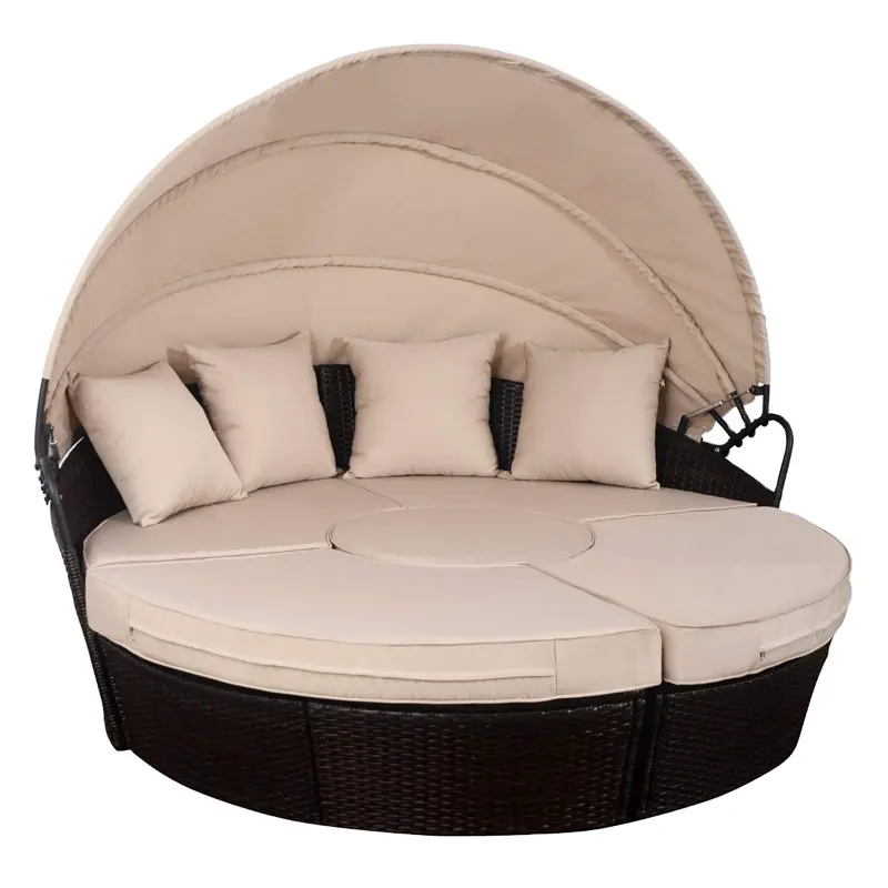 Patio Furniture Round Outdoor Sectional Sofa Set Rattan Daybed Sunbed with Retractable Canopy Lawn Poolside Garden Wicker Chair