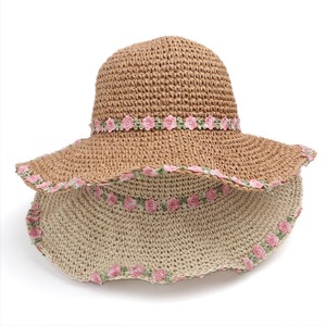 Floppy Straw Hat With Flower Embroidery For Beach Women Natural Grass Handmade Sun Protection Summer Wide Brim - Product Image 1