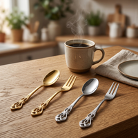 Ensemble de couverts rétro en acier inoxydable Royal Court : cuillère à café, fourchette à fruits, cuillère à dessert, fourchette, finition poli miroir