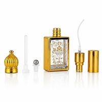 Flacon de parfum miniature 15 ml en verre doré rectangulaire avec applicateur floral à bille pour vaporisateur rechargeable, échantillon d'huile, flacon à bouchon à vis, emballage carton