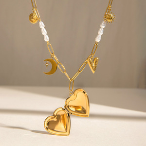 Heart Shape Gold Stainless Steel Pearl Pendant Necklace With Photo <b>Locket</b> For Gift - Product Image 2