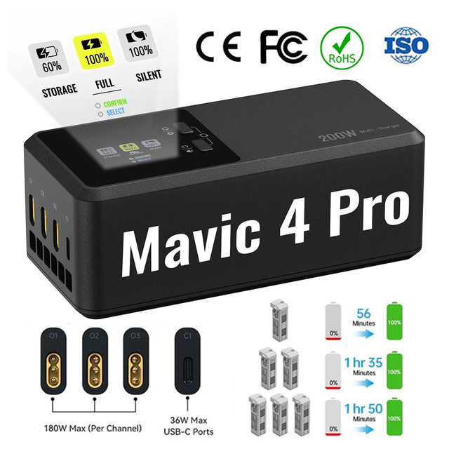 UC342 Max 200W Three-way Battery Smart Charger for DJI Mavic 4 Pro Drone with CE FCC Rohs 93min Fully Charge 3 Batteries Charger