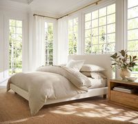 Lit King Size en Bois Massif Rembourré Style Européen avec Tête de Lit en Tissu Doux, Certifié CE, Structure Robuste pour Chambre à Coucher