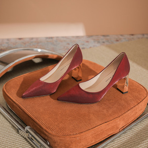 7777E Women's Satin <b>Pumps</b> Pointed Toe Block Heel High Heel Bridal Shoes <b>Wine</b> Red Slip-On Fashion Trend - Product Image 1