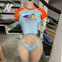 Eigen Merk Op Maat Gemaakte Bikini Badmode Strandkleding Hoge Kwaliteit Dubbellaags Zwemkleding Dames String Bikini Pak Tshirt 3 Delige Set