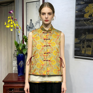 Nuevo Chaleco Irregular de Seda de Morera con Brocado Estilo Chino, Cuello Mao Dorado y Sin Mangas para Mujer 5178 - Product Image 1