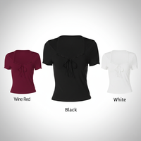 Haut court respirant à manches courtes pour femme, col carré sexy, avec dentelle et nœud sur le devant, coupe classique, style vintage Y2K, vêtements d'été