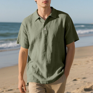 Polo en coton à manches courtes vert pour homme, décontracté, respirant, couleur unie, coupe classique, style Oxford tissé - Product Image 1