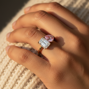 Eleganter Rosa Birnen- und Smaragdschliff Labor-Diamant Toi et Moi Pinky <span class=keywords><strong>Ring</strong></span> 1,2 Karat Zweifarbiger <span class=keywords><strong>Gold</strong></span>-Statement-<span class=keywords><strong>Ring</strong></span> - Product Image 2