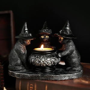 Wizard <strong>Cat</strong> Mysterious Dark Style Retro Ornament - Resin Craft <strong>Candle</strong> <strong>Holder</strong> for Halloween Aromatherapy - Product Image 1