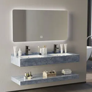 Double Layers Rock Slate Bathroom Vanity with Led Mirror Glossy Artificial Stone Stainless Steel Hardware Modern Hotel SIMU