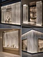 Façade en verre décorative encadrée de profilés en acier inoxydable sur mesure pour devanture de magasin de luxe