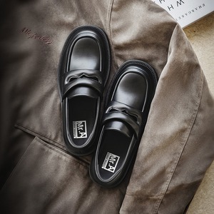 Square-toe loafers men thick-soled height-enhancing British style business casual <b>one</b>-piece black leather shoes - Product Image 1