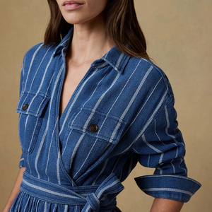 <span class=keywords><strong>Robe</strong></span> chemise en jean rayée sur mesure pour femme, <span class=keywords><strong>robe</strong></span> longue portefeuille ceinturée, fournisseur <span class=keywords><strong>de</strong></span> vêtements OEM ODM, faible MOQ, conception gratuite, <span class=keywords><strong>livraison</strong></span> <span class=keywords><strong>rapide</strong></span> - Product Image 4