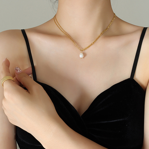PVD 18K Gold Plated Stainless Steel Figaro Chain with Freshwater Pearl Pendant <b>Choker</b> Necklace | Hypoallergenic & Waterpoof - Product Image 6