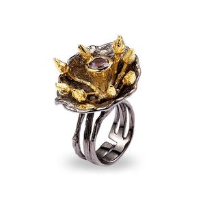 النساء تصميم أنيق برسم زهور تصميم 925 الاسترليني خاتم فضة مطلية بالذهب الأسود - Product Image 1