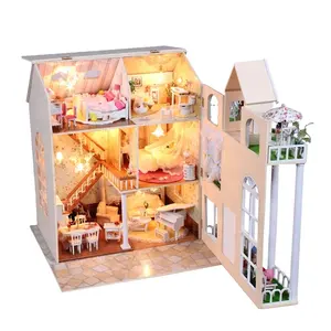 Wholesale Diy Three-Story Folding Villa Piano Lace Bed With Lamp Mini Doll House With Furniture