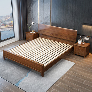 Modern Minimalist Walnut Solid Wood Platform <b>Bed</b> 1.8m Master Bedroom <b>Double</b> <b>Bed</b> Durable Framework Structure Bedroom Furniture - Product Image 1
