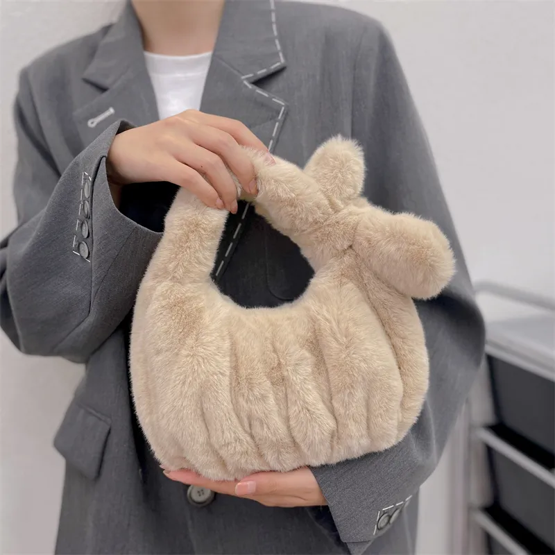 2022 Autumn Winter New Faux Fur Female Bow Pleated Plush Zipper Lovely Shell Bag