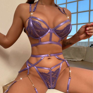 Lencería Sensual de amor profundo para mujer, disfraces exóticos, sujetador Halter calado con fondo Sexy, ropa erótica de 3 piezas - Product Image 1